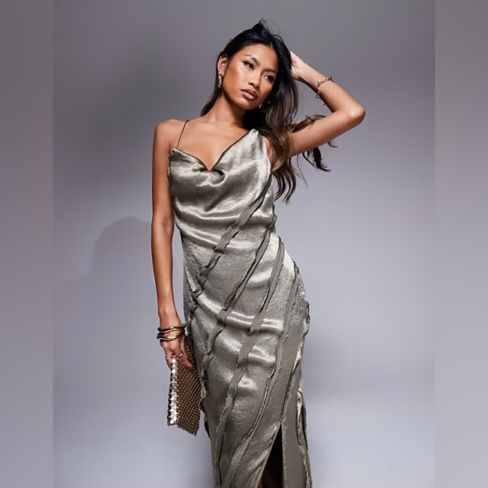 ASOS Metallic Silver Satin Cowl Maxi Dress